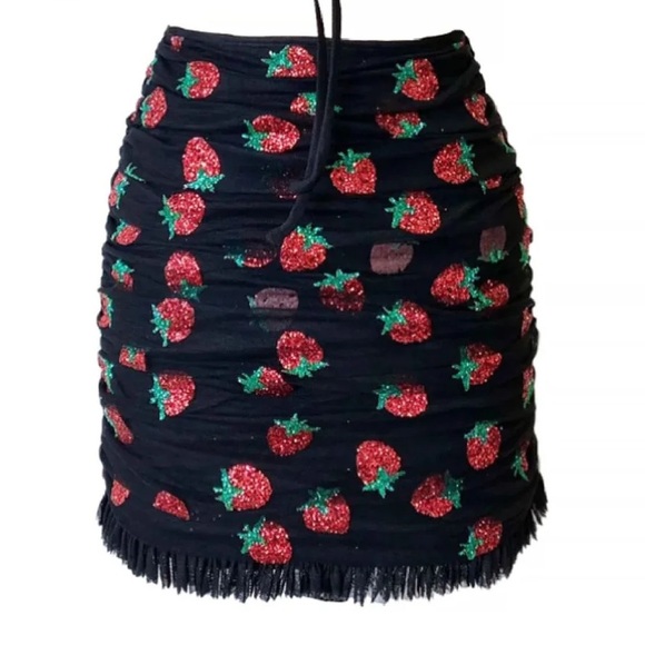 Lirika Matoshi Strawberry Frayed Ruched Mini Skirt Size XS